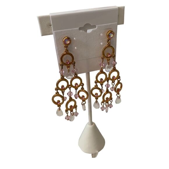 Gorgeous yellow gold chandelier earrings w/ pink & clear iridescent gemstones - Picture 2 of 5